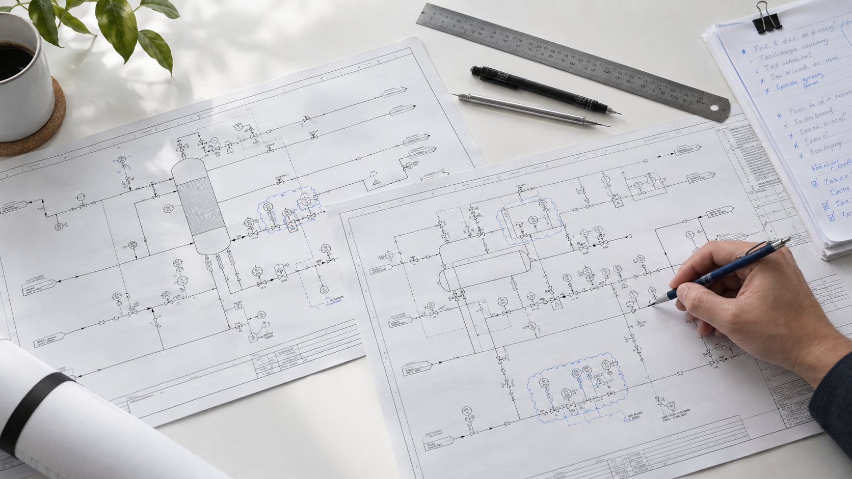 Piping and instrumentation drawings being reviewed and marked up at a desk